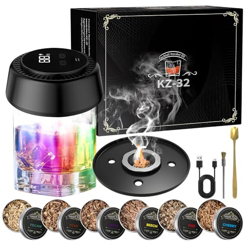 Bindokun Elektrischer Whiskey Smoker Set, Cocktail Smoker Kit mit LED-Beleuchtung, Altmodisch Whiskey Räucherset mit 6 Holzchips, USB-C Wiederaufladbar Cocktail Zubehör für Whiskey und Bourbon
