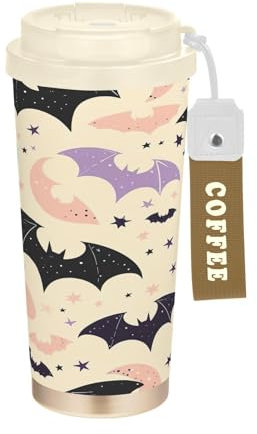 SKYSHU Bat, tazza da caffè da viaggio isolata da 500 ml, con cannuccia e coperchio, a prova di fuoriuscite e perdite, con manico, riutilizzabile, in acciaio inox, per scuola e ufficio