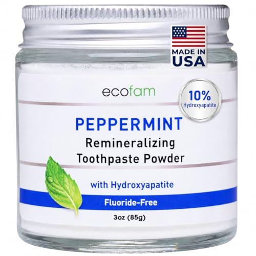 Ecofam Toothpaste Powder - Remineralizing Tooth Powder, Hydroxyapatite and Xylitol, Fluoride Free, Supports Enamel Strength & Gum Health - Peppermint