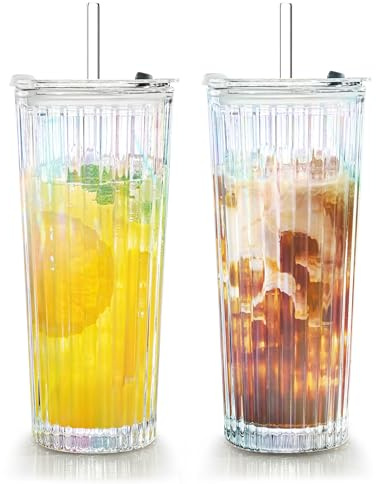 Puraville 2 Pack 550ml 18oz Glass Cups with Lids and Straws, Vintage Ribbed Striped Thickened Glassware for Whiskey Cocktail Beer, Mason Jar Drinking Glasses Tumbler Iced Coffee Cup, Rainbow
