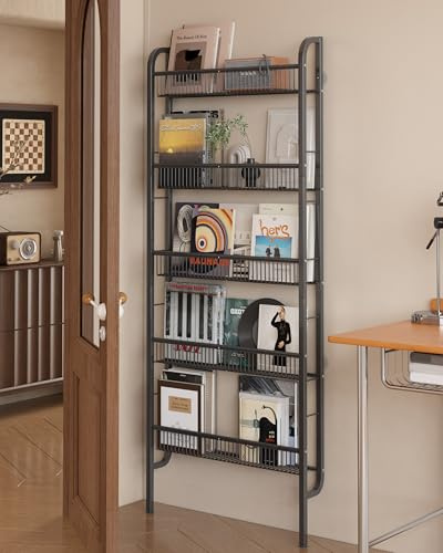 UMDONX Narrow Metal Storage Shelf Behind Door Organiser 5 Tier, Bookshelf Bookcase Book Rack Bathroom Shelving Unit Multifunctional (Black 62x9x160cm)
