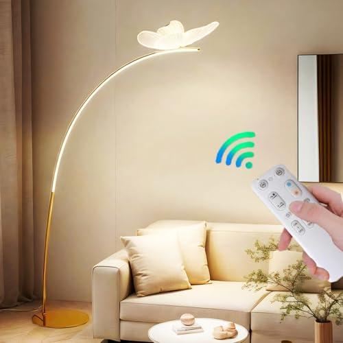 Msiocio Modern LED Stehleuchte Wohnzimmer Bogen Lampe Dimmbar mit Fernbedienung Schmetterling Deko Iron Bogenleuchte Acryl-Lampenschirm für Schlafzimmer Leselampe Sofa Büro (Weiß)