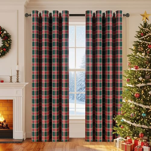 PLODAXE Weihnachtsvorhänge Kariert mit Ösen, 2er Set Weihnachten Gardinen | H213xB132cm, Karomuster, Blickdicht, Leichte Weihnachts Vorhang für Schlafzimmer Wohnzimmer Fenster (Rot und Grün)