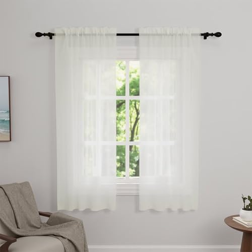 Zdada Net Curtains for Windows 45 Drop, Cream Voile Curtains 2 Panels | Slot Top Rod Pocket Semi Transparent Sheer Curtain Short Light Filtering Net Curtain for Living Room Kitcken W60 x L45 Inch
