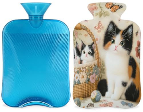 Entemne 2L Hot Water Bottle Cute Fluffy Cat Hot Water Bag with Cover Reusable Therapy Bag for Pain Relief Menstrual Cramps, Muscle Soreness Winter Warmth Gift