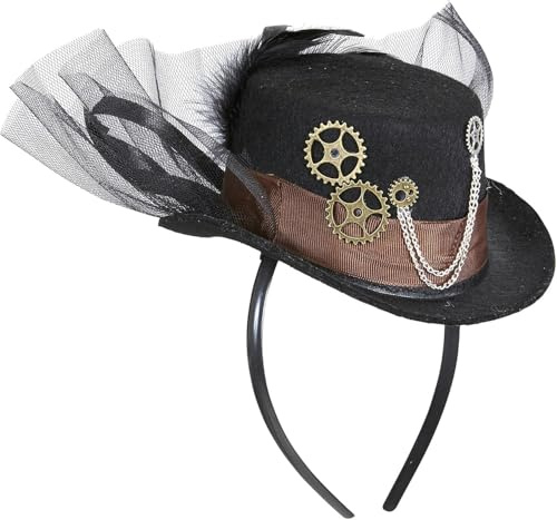 TrendandStylez Steampunk Mini Zylinder Haarreif – Schwarzer Fascinator mit Zahnrädern, Ketten & Tüll | Vintage Gothic Cosplay Accessoire für Damen & Herren | Perfekt für Karneval, Festival, Party