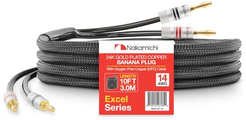 Nakamichi Excel Series 24k Gold Plated Banana Plugs With Speaker Cable Wire 99.9% Oxygen-Free Copper (OFC) Heavy Duty Braided for Amplifier Hi-Fi Home Theatre - Black (14AWG / 10 feet / 3.0m)