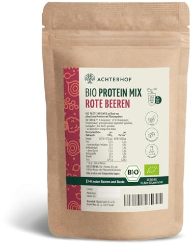Bio Protein Mix rote Beeren 500g | Erbsen- und Reisprotein mit Beeren, Beete und Ballaststoffen | nur natürliche Zutaten in Bio-Qualität | Achterhof