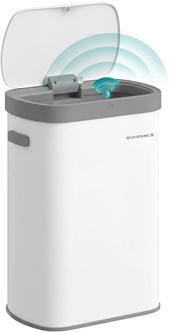 SONGMICS Motion Sensor Kitchen Bin, 13-Gallon (50 L) Automatic Rubbish Bin, Wave or Touch to Open, Soft Close Lid, Steel, Includes 15 Bags, White LTB640WZ02