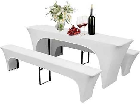 3er Set Biertischhussen Elastisch Stretch Bierzeltgarnitur, Elastisch Biertischhussen-Set, Tischhussen Bierzeltgarnitur Bierbank Hussen&Biertisch Husse für Hochzeit Event Party, 220×50×70cm, Weiß