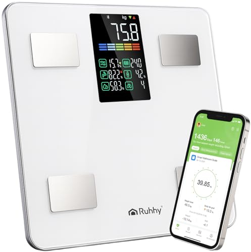 Bilancia per grasso corporeo 226 kg Bilancia elettronica intelligente con analisi BIA, BMI e 13 valori corporei App Feelfit, display LCD, precisione 50 g Multiutente RUHHY (Bianco)