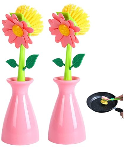 Dish Brush, 2-Pack Flower Shaped Sink Scrubber, Long Handle Non-Scratch for Pots, Pans, Dishes