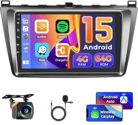Hikity 4G+64G Android 15 Radio Coche Mazda 6 2007-2012 9 CarPlay | Android Auto Inalámbrico. FM/RDS. BT. GPS. WiFi. SWC. Enlace Espejo. Cámara+MIC