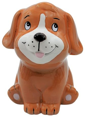 Sparfigur, Spartier, Spardose, Sparbüchse, Kinderspardose, Sparfigur, Sparschwein als Bernhardiner, Sparhund, Sparschwein, Dekohund mit Sparfunktion aus Keramik in braun, L/B/H 12 x 12 x 17 cm.