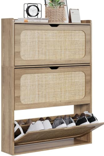 ELUCHANG Zapatero Estrecho de Madera, 3 Puertas / 6 Estantes con Separador Ajustable, Mueble Zapatero Armario Retro Marrón con Rattan para Entrada, Salón y Pasillo, 80x24x122cm