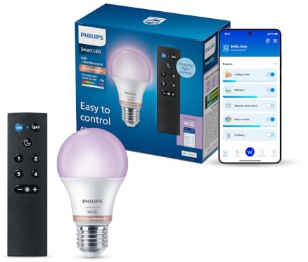 Philips Smart Lighting, Smart LED RGB A60 Lampe mit Fernbedienung, E27-Sockel, 806 lm, farbiges und weißes Licht (2200–6500 K), niedrig dimmbar, kompatibel mit WiZ, Alexa, Google Home, Apple Home