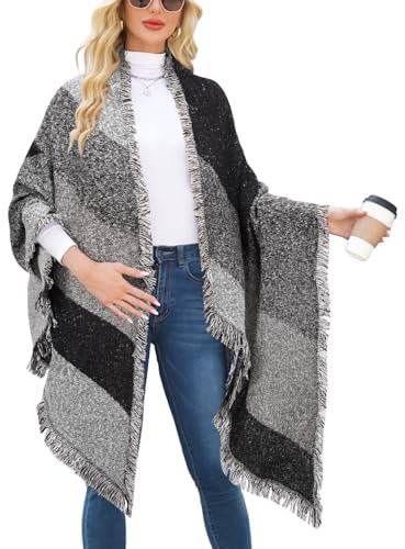 Heekpek® Women Large Oversized Scarf Pashmina Wrap Poncho Thick Style Scarf Patchwork Cape Shawl (Black)(Size: One Size)