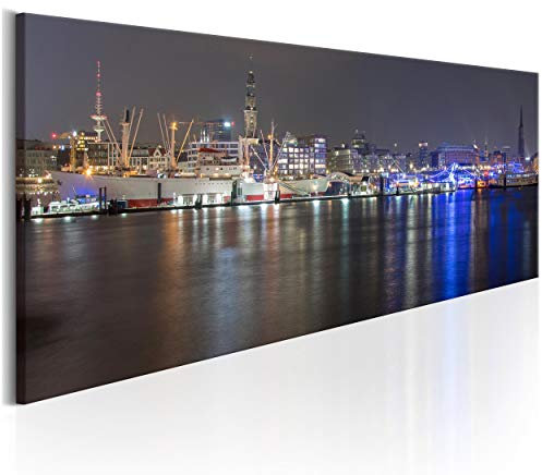 decomonkey Bilder Hamburg Stadt 120x40 cm XXL 1 Teilig Leinwandbilder Bild auf Leinwand Vlies Wandbild Kunstdruck Wanddeko Wand Wohnzimmer Wanddekoration Deko Panorama Nachtlicht city