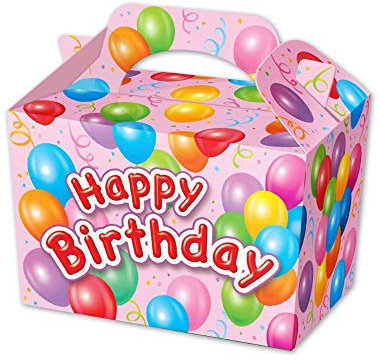 MustBeBonkers Happy Birthday Food Boxes - Picnic Carry Meal Box - Birthday Party Bag Plate (10 Boxes, Pink Box)