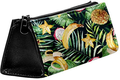 EZIOLY Aquarell-Tasche, tropische grüne Palmenblätter, Banane, Ananas, Pitaya, schwarzer Hintergrund für Stifte, Bleistifttasche und Kosmetiktasche