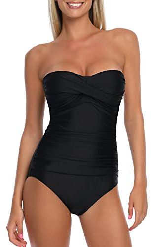 RELLECIGA Damen trägerloser einteiliger Badeanzug, Schwarz, Medium