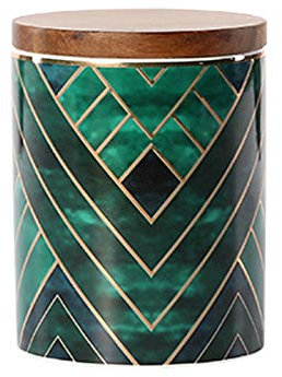XUDREZ Ceramic Jars, Exquisite Oriental Green Ceramic Canisters for Kitchen Spice Storage, Tea Caddy, Coffee Jar with Wooden Lid (12.8x9.8cm)