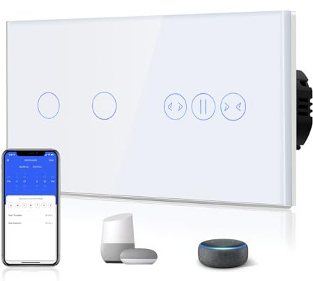 BSEED WIFI Touch Switch 2 Gang 1 voie avec 1 Gang Minuterie de Volet Roulant Interrupteur Factice WIFI Fonction de Programmation, Compatible avec Alexa/Google, Blanc