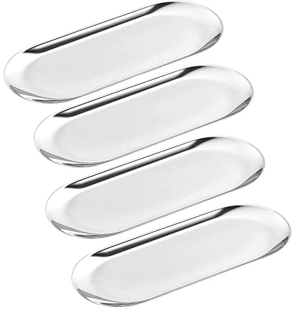 4 Pcs 7 Inch x 3.3 Inch Trinket Tray, Silver Stainless Steel, for Serving Trays Towel Storage Dish Plate Tea Fruit Trays Jewelry Plate Decorative Storage Tray