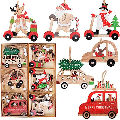 18pcs Colgante Madera de Navidad Adorno Decoración de Árbol de Navidad Colgante Decorativo Colores Papá Noel Renos Muñeco de Nieve Feliz Navidad Decoración