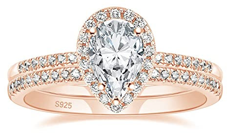 Zakk Women 925 Sterling Silver Bridal Ring Set 1.5 CT Teardrop Halo Solitaire Cubic Zirconia Eternity Engagement Promise Wedding Band (Rose Gold,Size F)