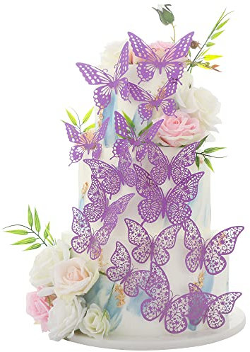 36 Pack Purple Glitter 3D Butterfly Cupcake Toppers Hollow Butterfly Cake Decorations for Birthday Wedding Fairy Party Butterfly Wall Sticker Decal for Background Wall Decoration