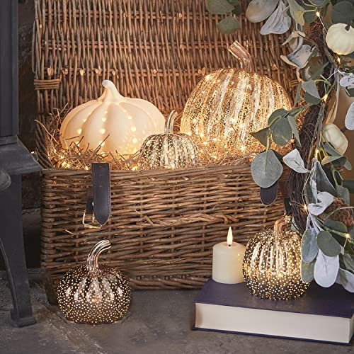 Lights4fun 5er Set Deko Kürbis Glas Keramik Windlicht Gold Halloween Deko Herbst