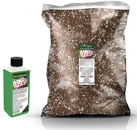 Umtopf - Set für Hoya Wachsblumen Porzellanblumen der Pflanzen-Sorten Carnosa, Kerrii u.a. - bestehend aus 10 Liter Spezial - Substrat und darauf abgestimmten Flüssigdünger (für Wachsblumen/Hoya)
