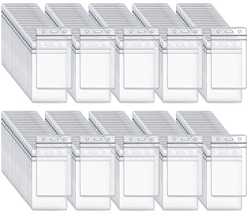 OTYMIOW Porte Badge Plastique Vertical 100PCS Porte Badge Verticaux Transparent Plastique, Pochette Badge, Porte-Carte d'Identité Vertical, Porte Badge Souple, Pochettes Pour Cartes de Visite Étanche