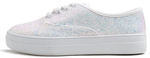 Feversole Glitter Sneaker, Sneaker Damen Schuhe Sportschuhe Tennis Fitness Leichte Atmungsaktiv Straßenlaufschuhe Schlüpfen Schuhe Freizeitschuhe für Damen Weiß Glitzer Sneaker 39