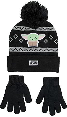 Star Wars Mandalorian Jungen Beanie & Handschuhe Set, Schwarz, Einheitsgröße