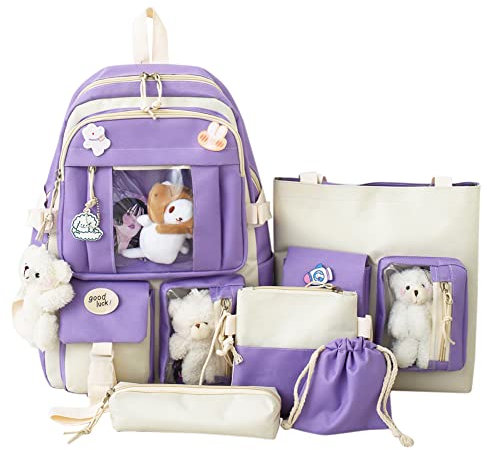 OKESYO Kawaii Rucksack mit Niedlich Anhänger Zubehör 5 Teiliges Set, Große Harajuku Segeltuch Schulranzen,Trendy Schultasche College Reise Dame Abzeichen Rucksack Schüler Büchertasche