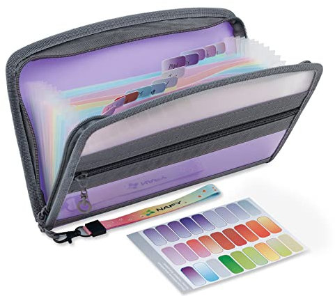 NAFY Small Accordian File Organizer, A5 Check Size 13 Pockets Coupon Receipt Holder Organizer with Zipper, 11X7 Inches Accordion Expanding Folder Wallet for Coupon, Receipt, Bills, Cash(Lilac)