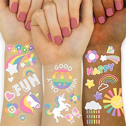 118 PCS Unicorn tatouages temporaires, Groovy Glitter style Pride tatouage arc - en - ciel couronne faux tatouage girl Party Supplies articles d'anniversaire pour enfants, tatouages imperméables