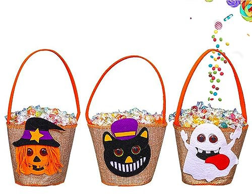 RXXR 3 Stück Leinen Halloween Trick or Treat Tasche, Süßigkeiten Partytüten Beutel Geist Schwarze Katze Kürbis Stofftaschen,für Halloween Party Maskerade