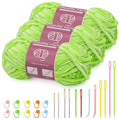 3 x 100 g (3 x 80 m) Chenille Garn, Samt Garn zum Stricken und Häkeln mit Nadeln mit großem Öhr, weiches Chenille-Garn für Kleidung, Decken, Taschen, Pullover, DIY-Strickprojekte (Gras-Grün)