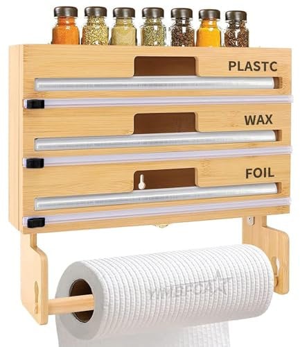 Porta Pellicola e Alluminio con Taglierina, 4 in 1 Dispenser Pellicola e Alluminio, Portarotolo da Cucina da Parete, Porta Rotoli Alluminio e Pellicola, Taglia Pellicola da Cucina