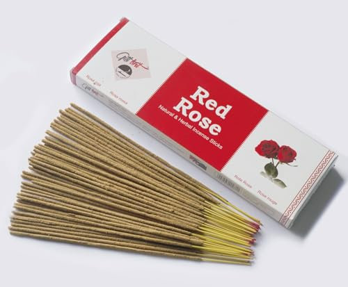 Giftbrit Lot de 100 bâtons d'encens à base de roses rouges naturelles et à base de plantes avec 1 porte-encens pour la méditation, le yoga, l'église, la relaxation, la guérison et la positivité