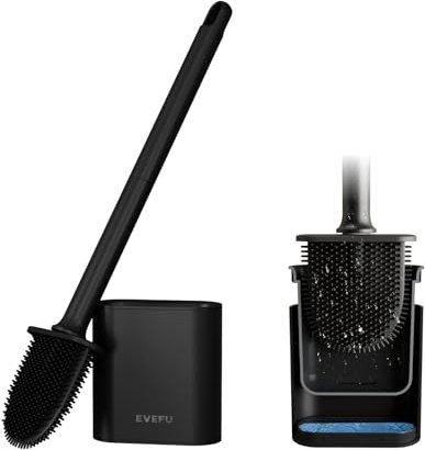 EVEFU Silicone Toilet Brush and Holder Wall Mounted Toilet Brush Set Long Handle with Quick-Drying Holder Deep Cleaning loo Brush for Bathroom (Black)