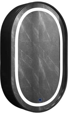 Spiegelschrank Ovaler Spiegelschrank Mit Licht Badezimmerspiegelschrank Mit 4 Etagen Aus Holz Touch-Schalter Wandschrank Zur Aufbewahrung Von Toilettenartikeln (Color : Schwarz, S : 50 * 14 * 80cm)