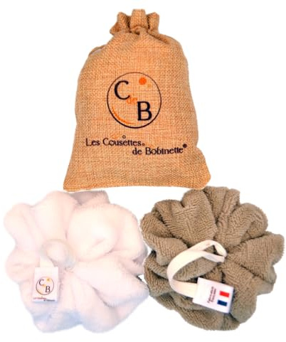 Lot de 2 fleurs de douche éponge de bain éponge pour le corps extra douce bambou durable lavable (Blanc Cappucino)