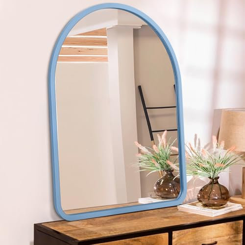 HLFMVWE Specchio da parete ad arco rustico con cornice in legno piccolo specchio decorativo da appendere per bagno, camera da letto, balcone, fattoria, soggiorno, ingresso, spogliatoio, blu, 40 × 30