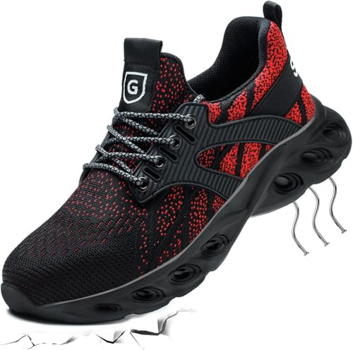 Calzado de Seguridad Hombre con Punta de Acero Anti-aplastamiento Zapatos de Senderismo Ligeras Comodo Zapatos de Seguridad Zapatillas Deportivas Antideslizante Transpirable Negro Rojo 46 EU