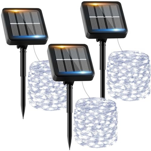 Guirnalda Luces Exterior Solar - 3 x 12M 120 LED Guirnaldas Luces Solares Exterior Blanco Frío IP65 Impermeable 8 Modos Luces Solares LED Exterior Interior Jardin Terraza Bodas Fiestas Festivales