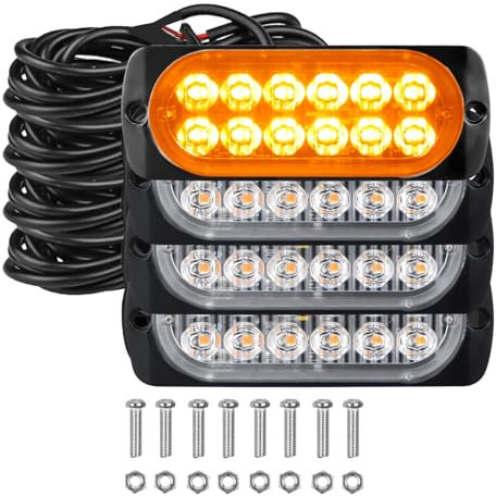 PICAA 4 Pièces Ambre 12 LED Feux Stroboscopique Urgent Avertissement Flash Danger Lampe d'avertissement pour Voiture Camion Remorque 12V-24V Véhicule
